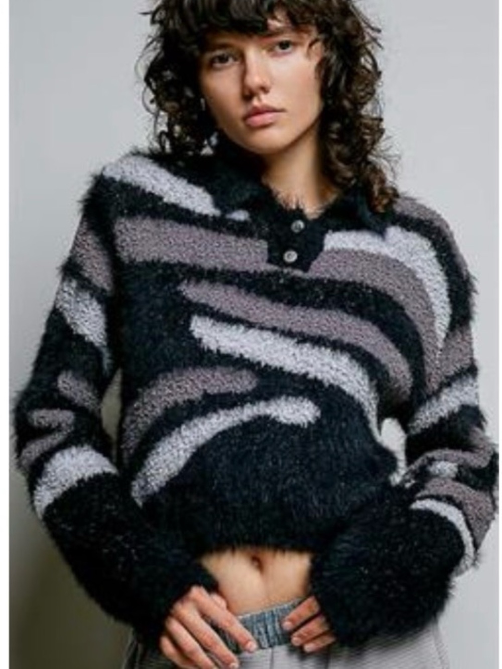 POL Black, Gray and Charcoal Fuzzy Cropped Polo Sweater